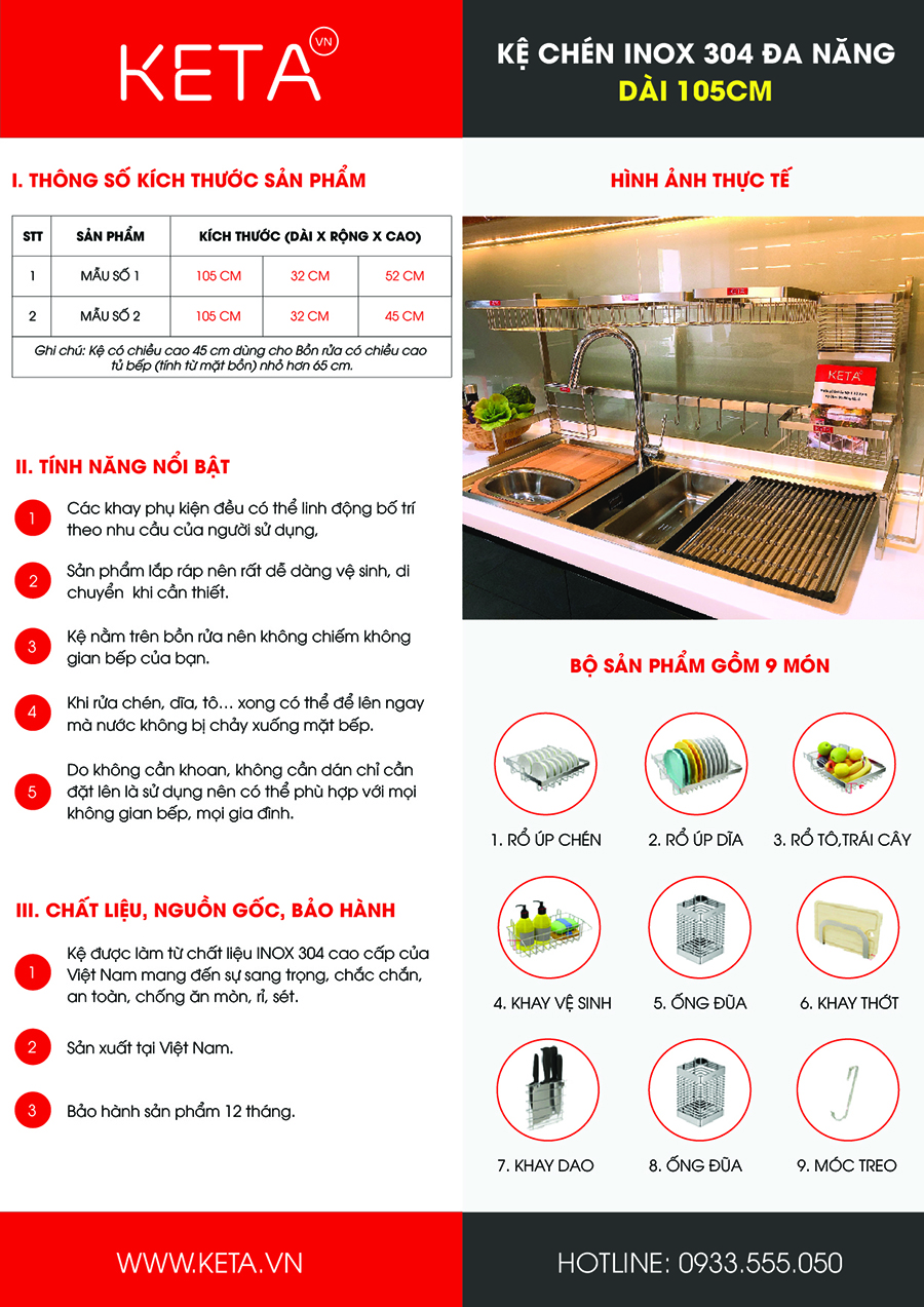 Brochure kệ chén inox 304 105cm KETA - hình ảnh chi tiết